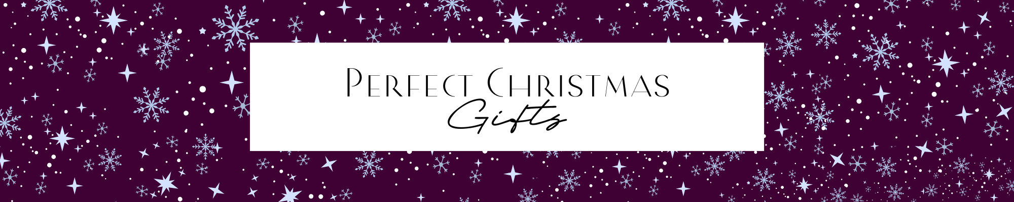 Perfect Christmas Gifts written in dark magenta on white on top of a dark magenta snowflake filled background.
