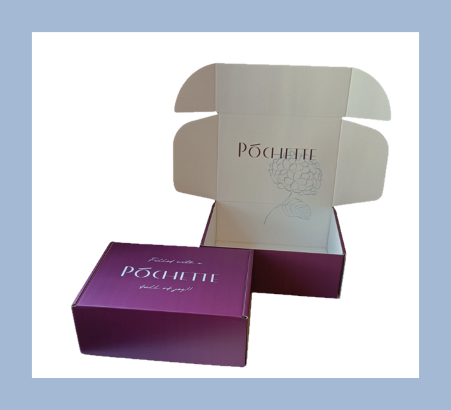 Póchette packaging with one box closed showing the text filled with a póchette of joy on a dark magenta background with white font and one box is open showing the inside which is white with the Póchette logo in dark magenta and a cornflower blur line art hydrangea.