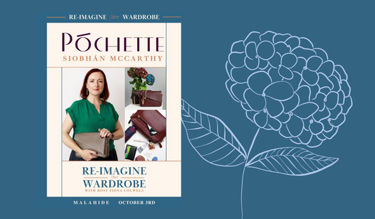 Poster for Reimagine your style event in Malahide on 3rd October 2025 on a blue backgroun with a pale blue hydrangea