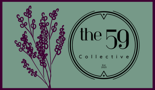 The 59 collective logo in black on a green background with a purple flower beside it