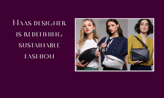 Naas designer is redefining sustainable fashion written in whit text on a dark magenta backgroun with a photo of 3 models weating handbags