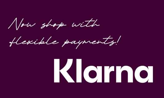 Now shop with flexible payments n white font on a dark magenta background with the Klarna logo