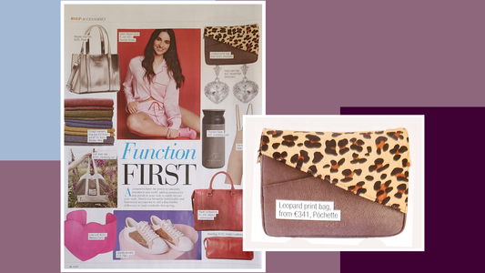 A photo of the Function first article in the RSVP Magazine along with a zoomed in photo of the Chocolate Brown Danu with a leopard print cover on it