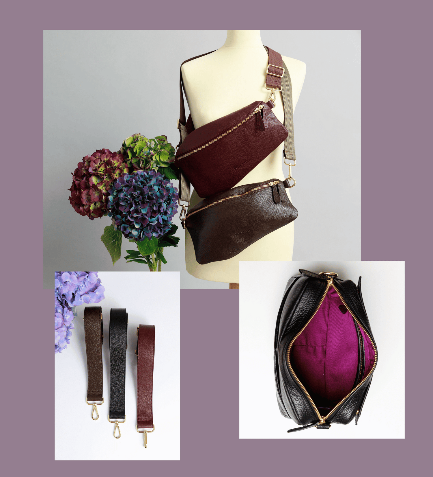 3 photos on a lilac background. The top photo is of a urgundy and a chocolate brown Póca swing bags with woven crossbody straps on a sewing mannequin. A bunch of three hydrangeas in burgundy, blue and purple are beside it. The bottom photo on thr left is of three wide leather straps in burgundy, black and chocolate brown on a white surface with a blurred hydrangea in the foreground. The photo  on the bottom right is of a the inside of a black crossbody bag showing the brightly coloured syrah lining.