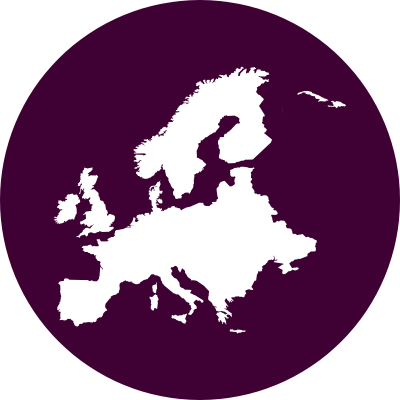 Map of Europe in white on a purple circle