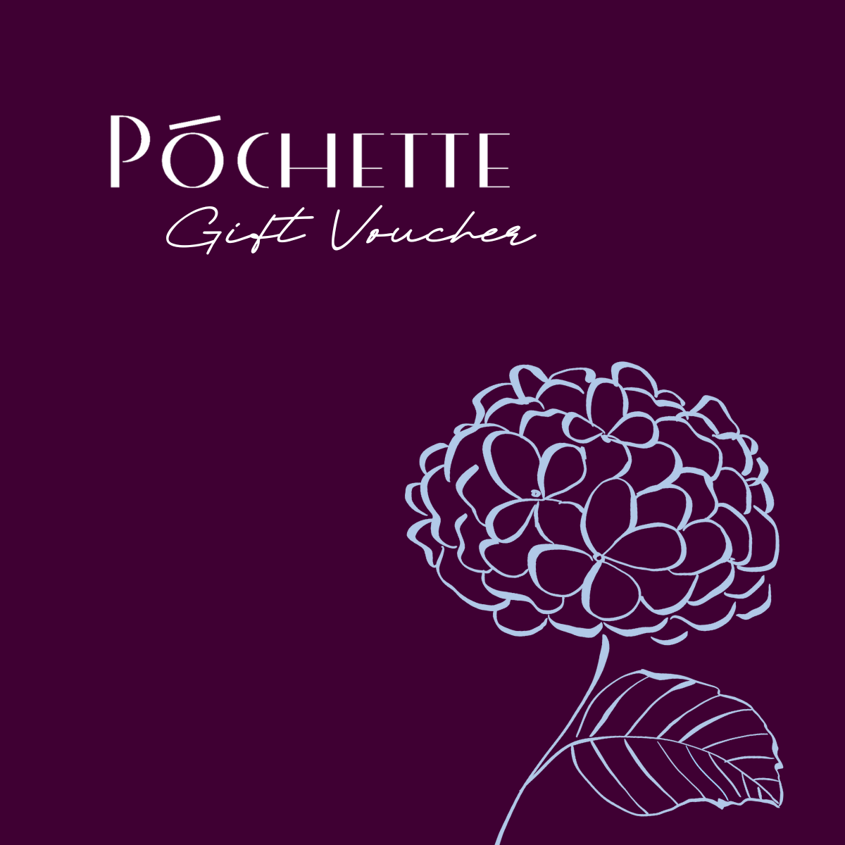 Image of a Póchette Gift Voucher with a dark magenta background and a cornflower blue line art drawing of a hydrangea flower on it.