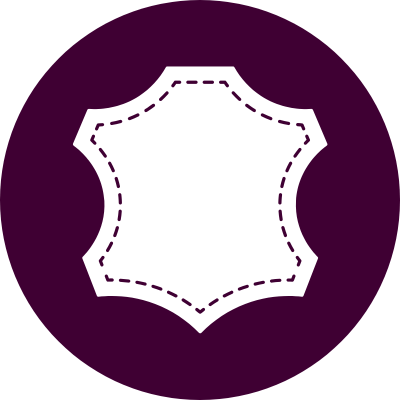 White leather patch with stitching on a purple circle to symbolise leather