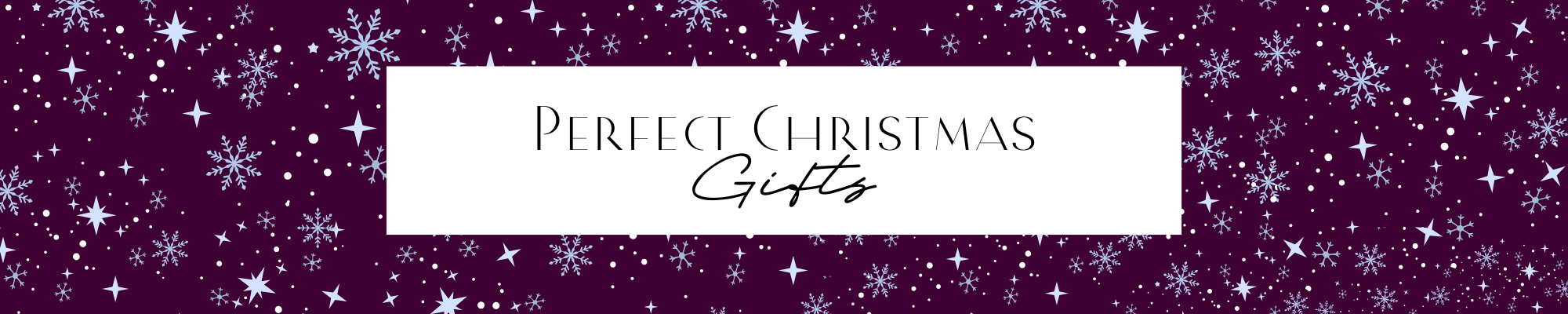 Perfect Christmas Gifts written in dark magenta on white on top of a dark magenta snowflake filled background.  