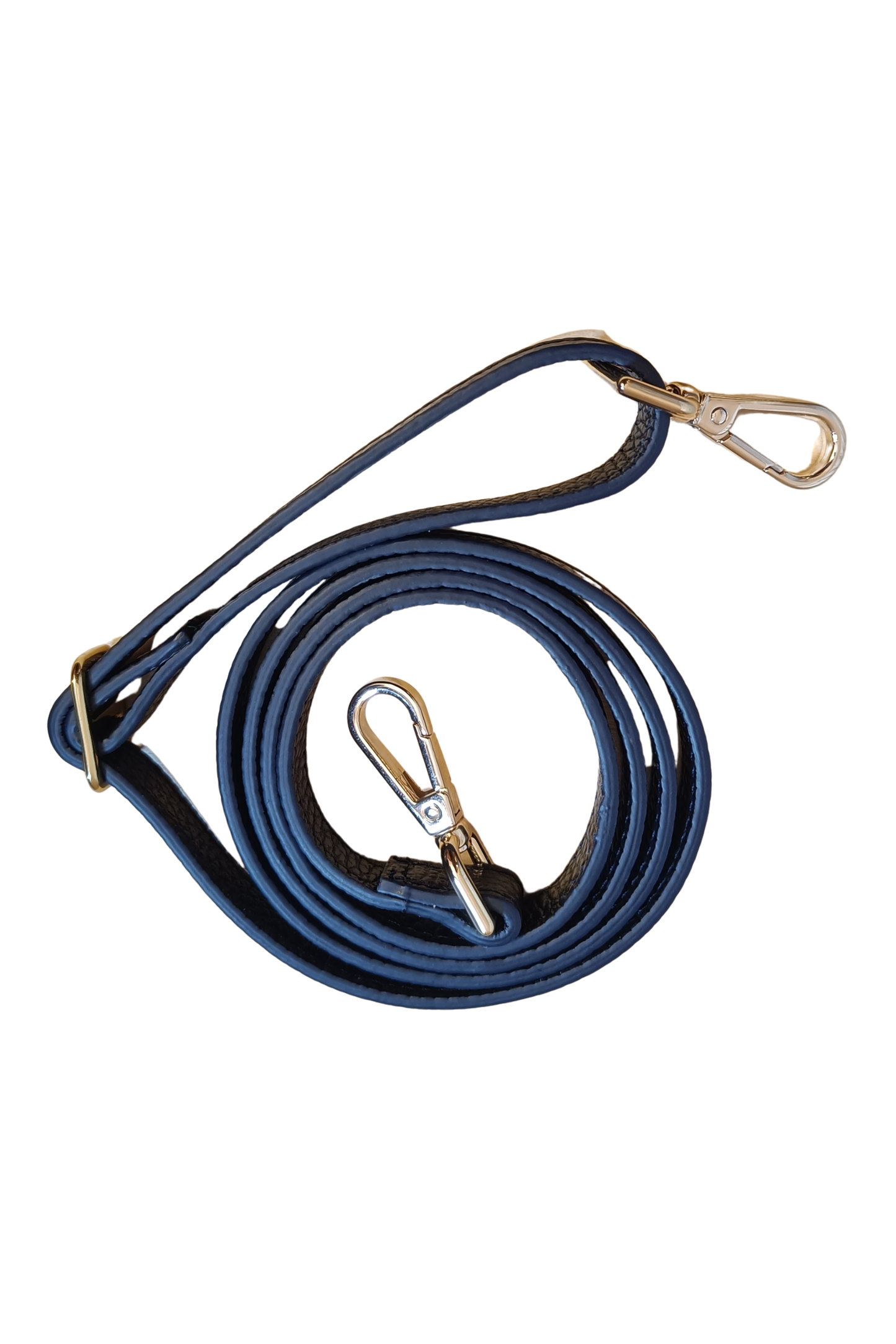 Narrow navy leather strap with gold hardware on a white background