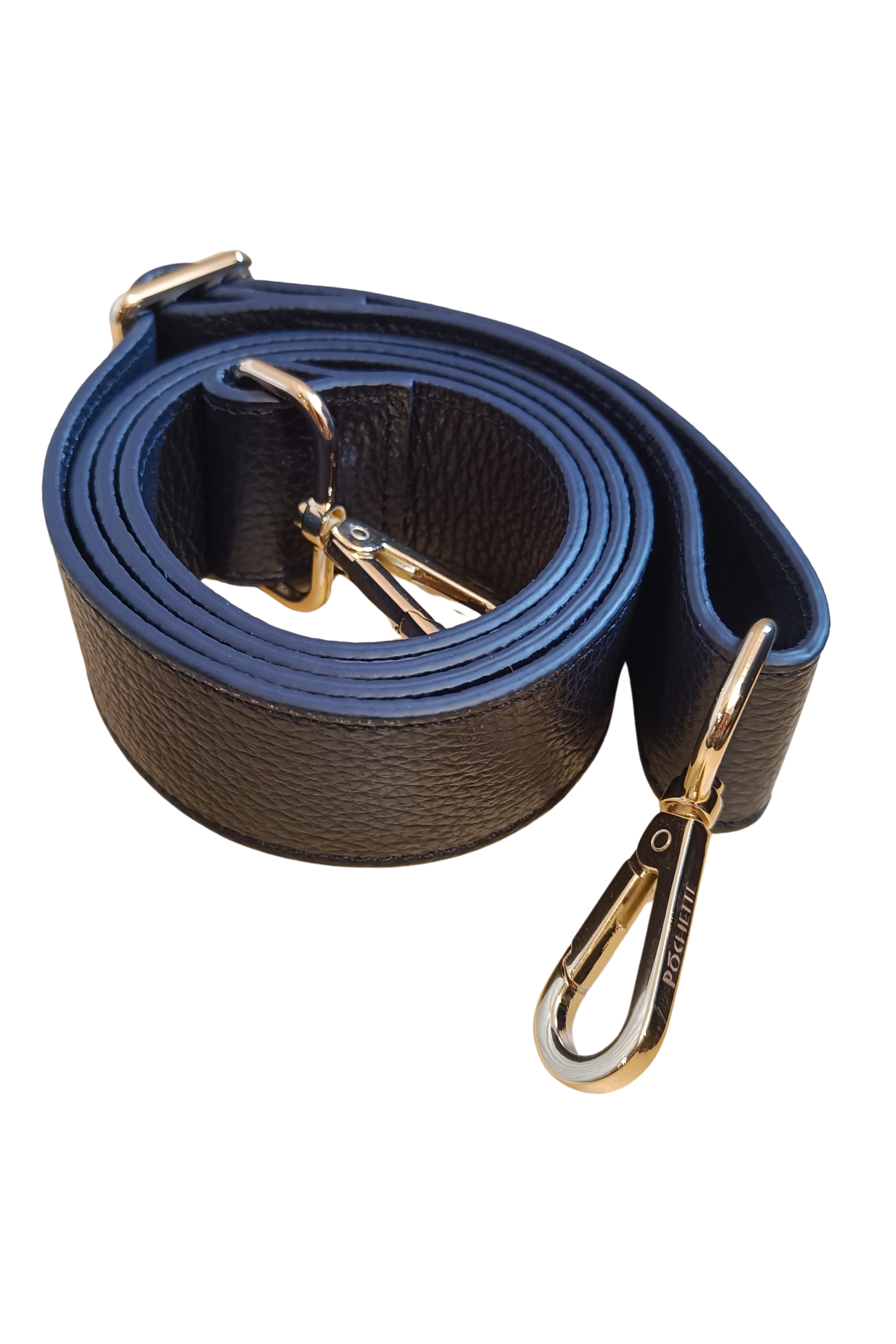 Wide navy leather strap with gold hardware on a white background