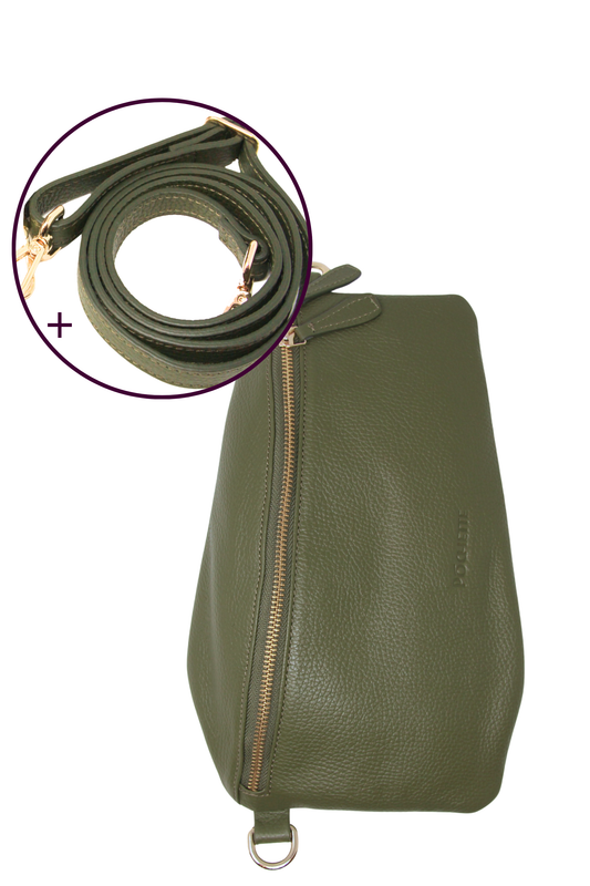 Green leather handbag with a close-up of a narrow leather strap on a white background
