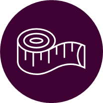 White tape measure icon in a dark magenta circle