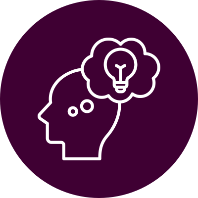 Icon of a head with a light bulb inside on a purple circle