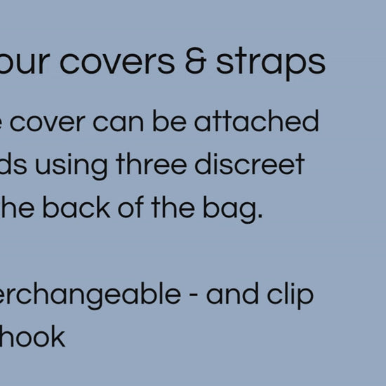 A video of a dark haired woman changing the cover and the strap on a handbag with instructions written beside it.