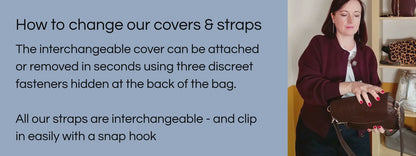 A video of a dark haired woman changing the cover and the strap on a handbag with instructions written beside it.